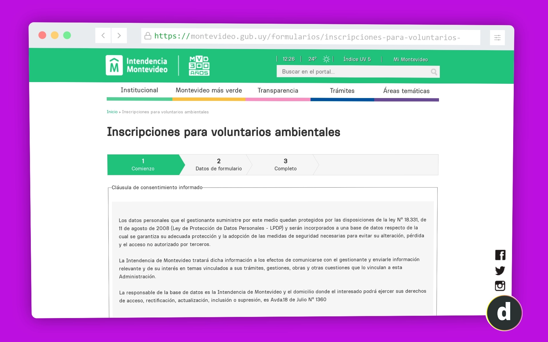Formulario de inscripción para voluntarios ambientales en Montevideo.