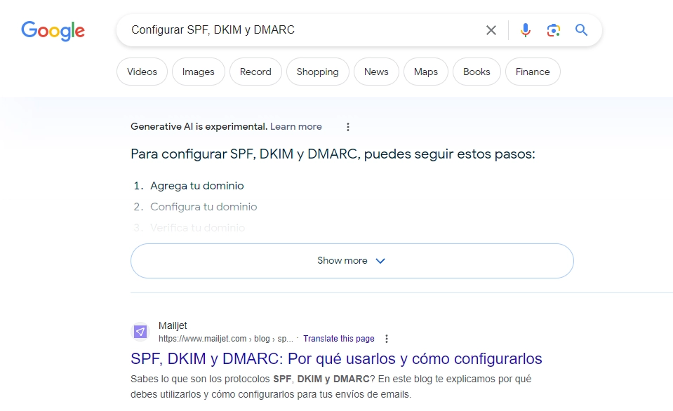 Búsqueda en Google sobre cómo configurar el SPF, DKIM y DMARC.