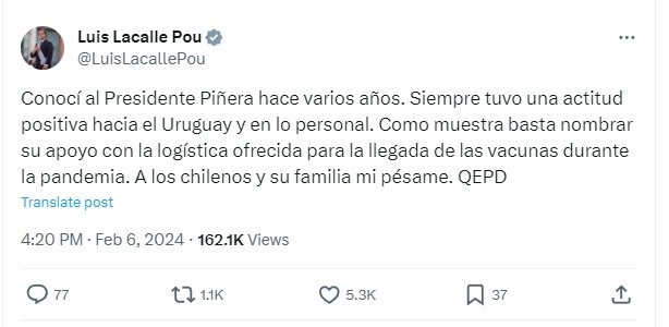 Mensaje de Luis Lacalle Pou por el fallecimiento de Sebastián Piñera.