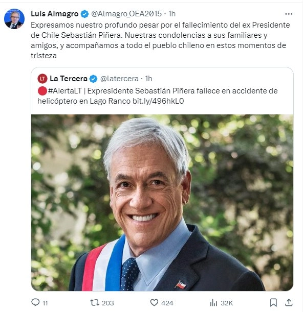 Mensaje de Luis Almagro por el fallecimiento del ex-mandatario chileno, Sebastián Piñera.