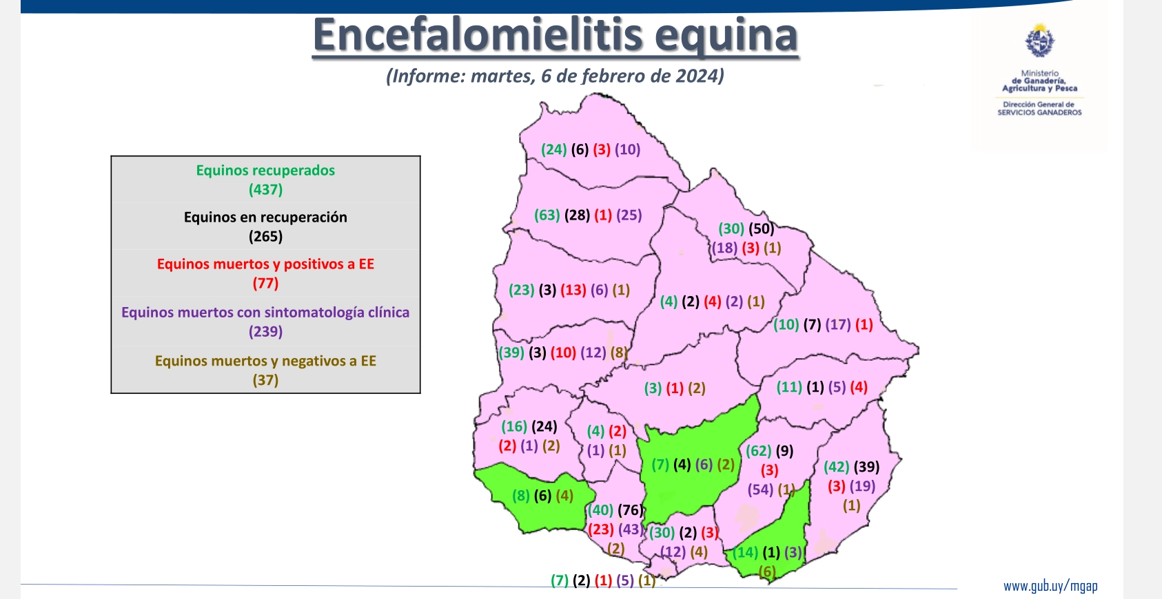 Distribución de los casos de encefalomielitis equina en Uruguay. Febrero 2024.