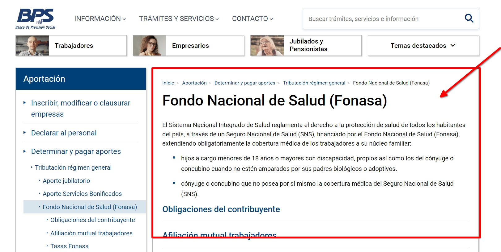 Página web del BPS con información sobre el Fondo Nacional de Salud (FONASA).