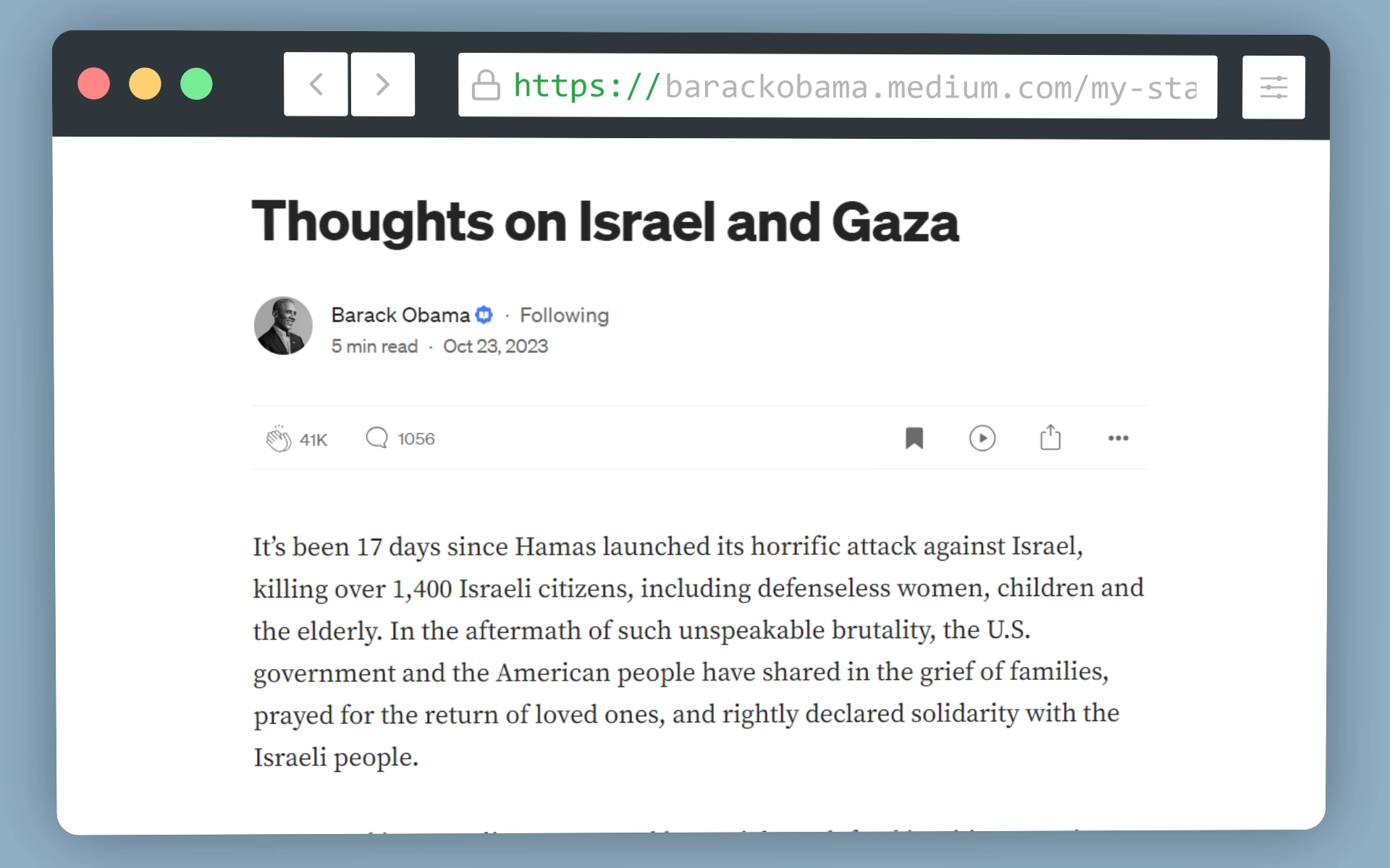 Barack Obama reflexiona sobre el conflicto entre Israel y Gaza.