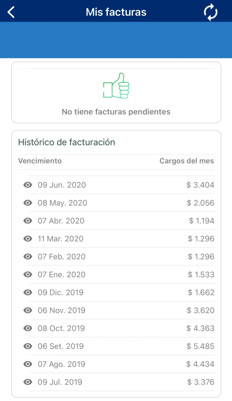 Histórico de facturas en la app de UTE