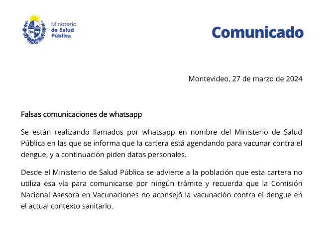 Comunicado oficial del MSP sobre las  falsas comunicaciones de Whatsapp que están circulando en el país.