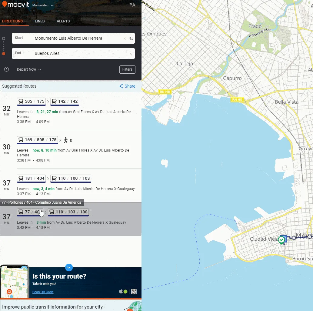 Vista de detalle de recorrido con la aplicación Moovit en Uruguay