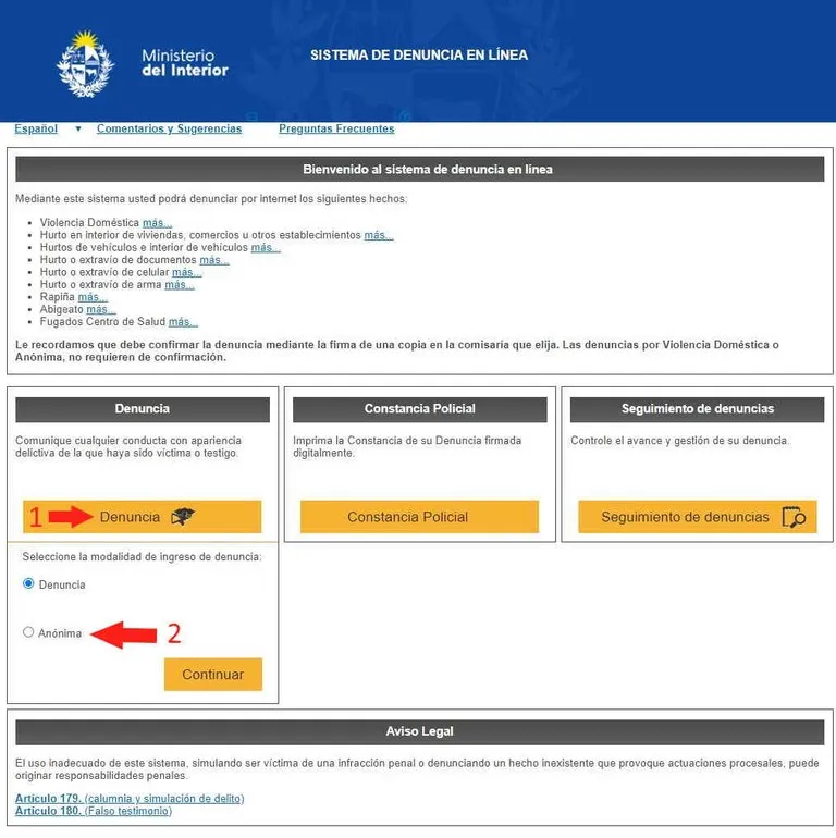 Sistema de denuncia en línea del Ministerio el Interior