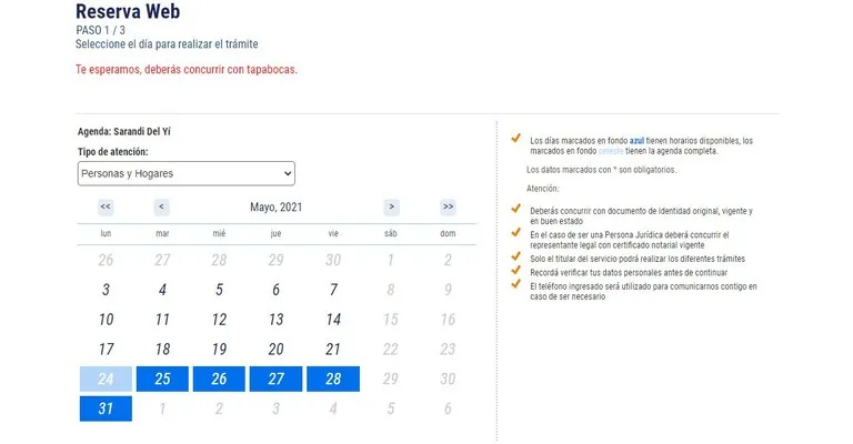  Calendario para hacer reserva web en Antel