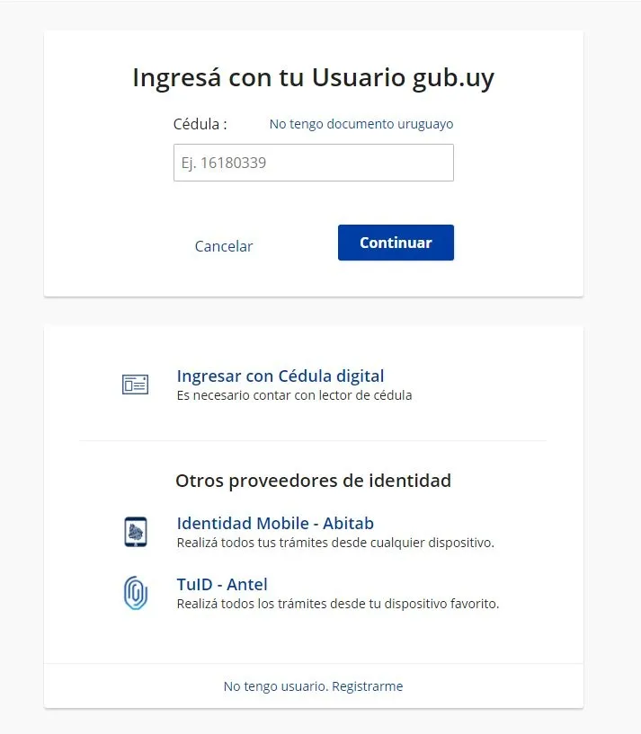 Pagina para ingresar con Cédula Electrónica o ID Uruguay