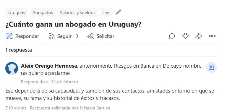 Respuesta en Quora a la pregunta ¿Cuánto gana un abogado en Uruguay?