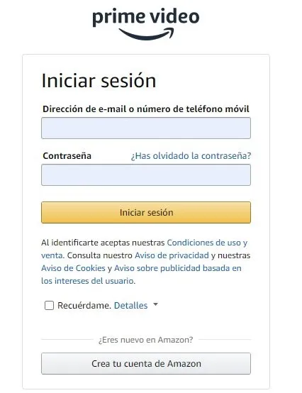 Pantalla de inicio de sesión a Amazon Prime en Uruguay