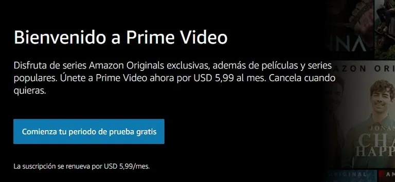 Mensaje de bienvenida de Amazon Prime en Uruguay