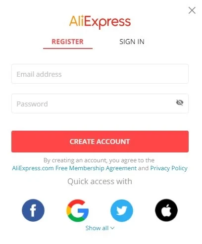 Crear una cuenta en Aliexpress