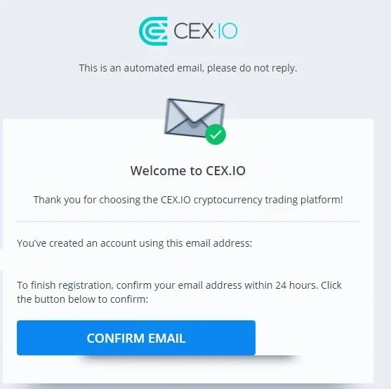 Mensaje de bienvenida a CEX.IO