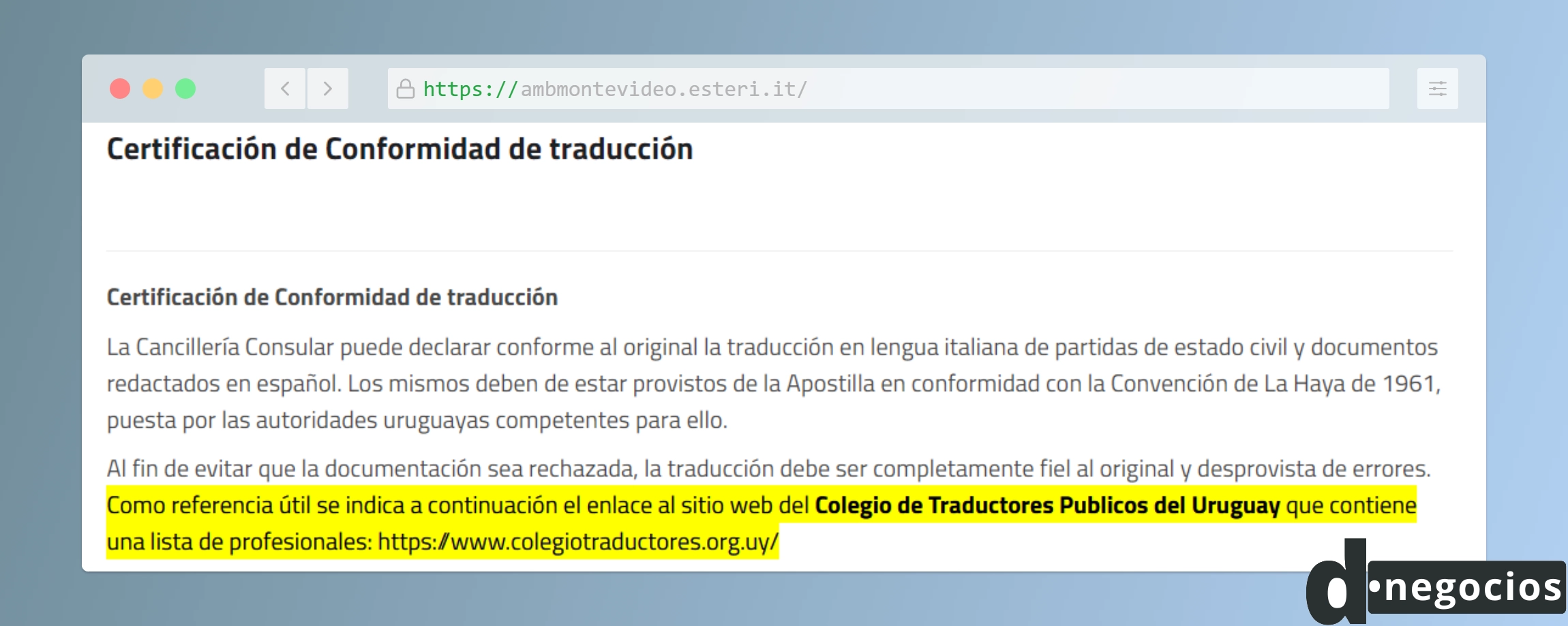 Certificado de conformidad de traducción. Embajada Italiana en Uruguay.
