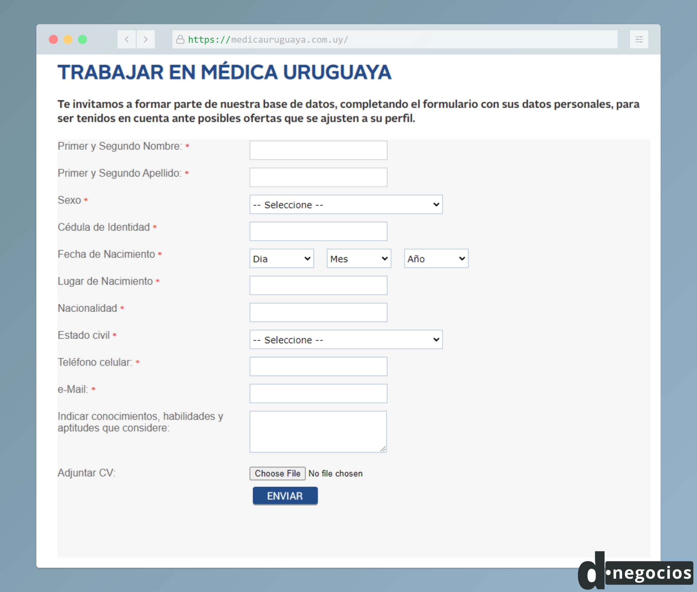 Formulario web para trabajar en Médica Uruguaya.
