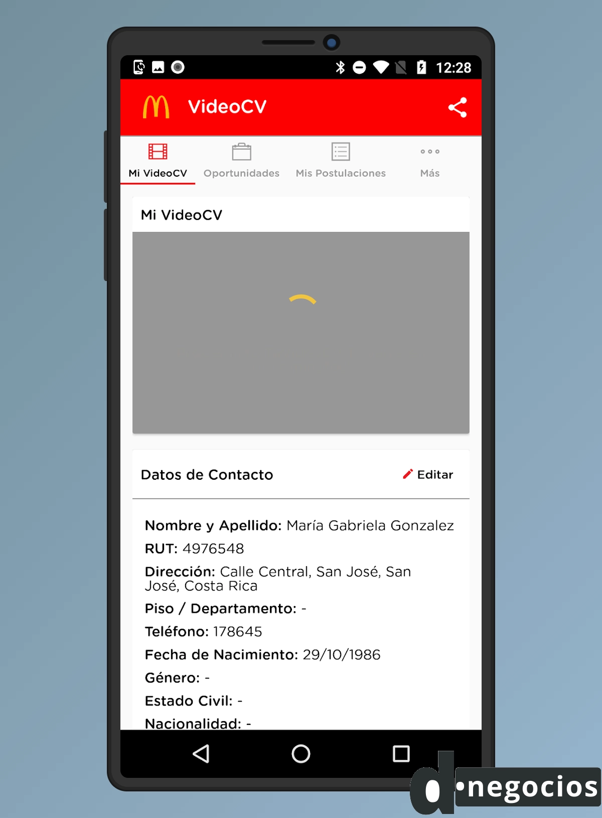 CV para McDonald's Uruguay a través de la app de Android.