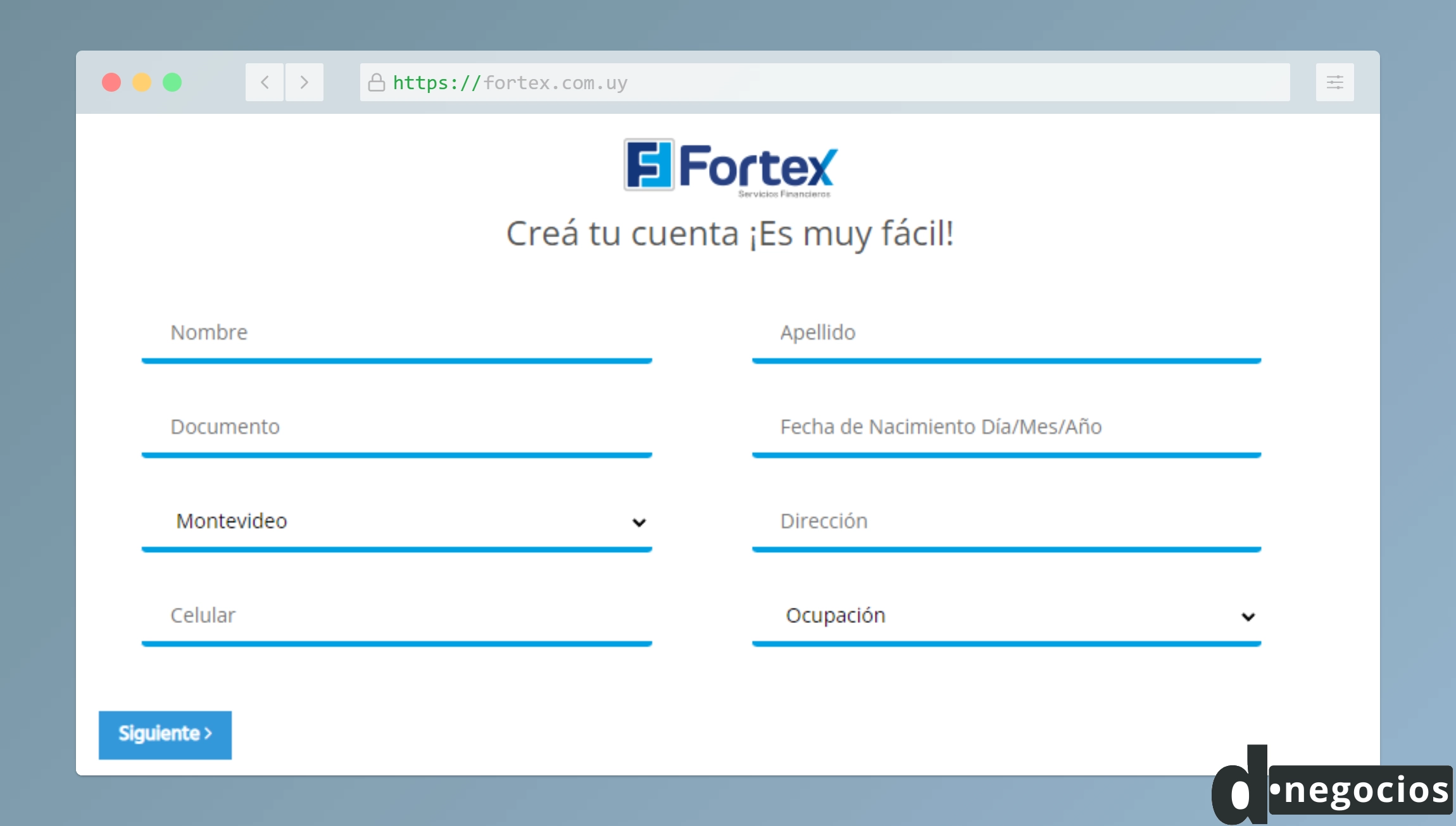 Formulario para la creación de cuenta en Fortex Digital.