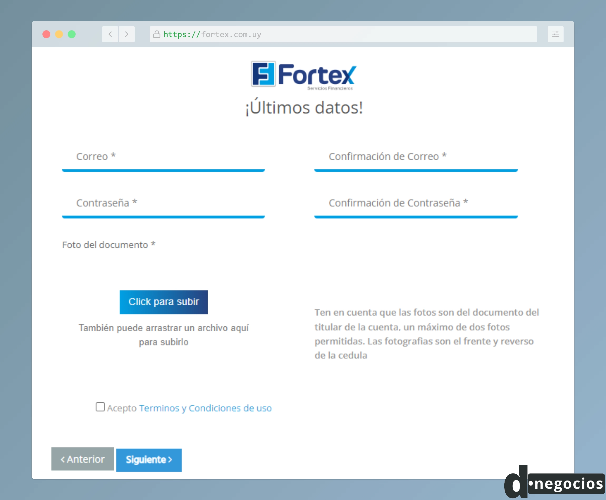 Segundo paso del procedimiento para la creación de cuenta en Fortex Digital.