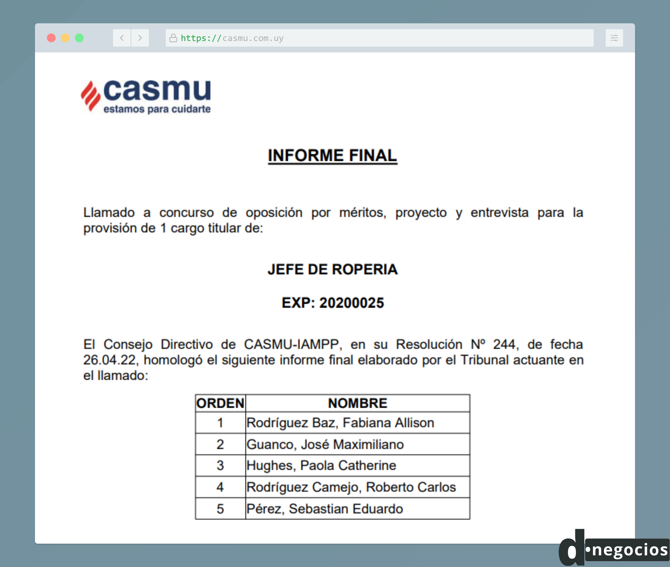 Documento detallando un llamado del CASMU.