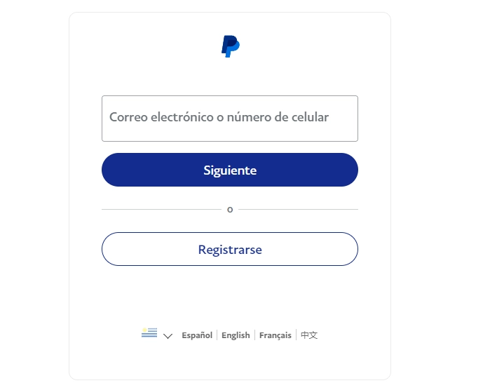 Pagina de login de PayPal Uruguay.