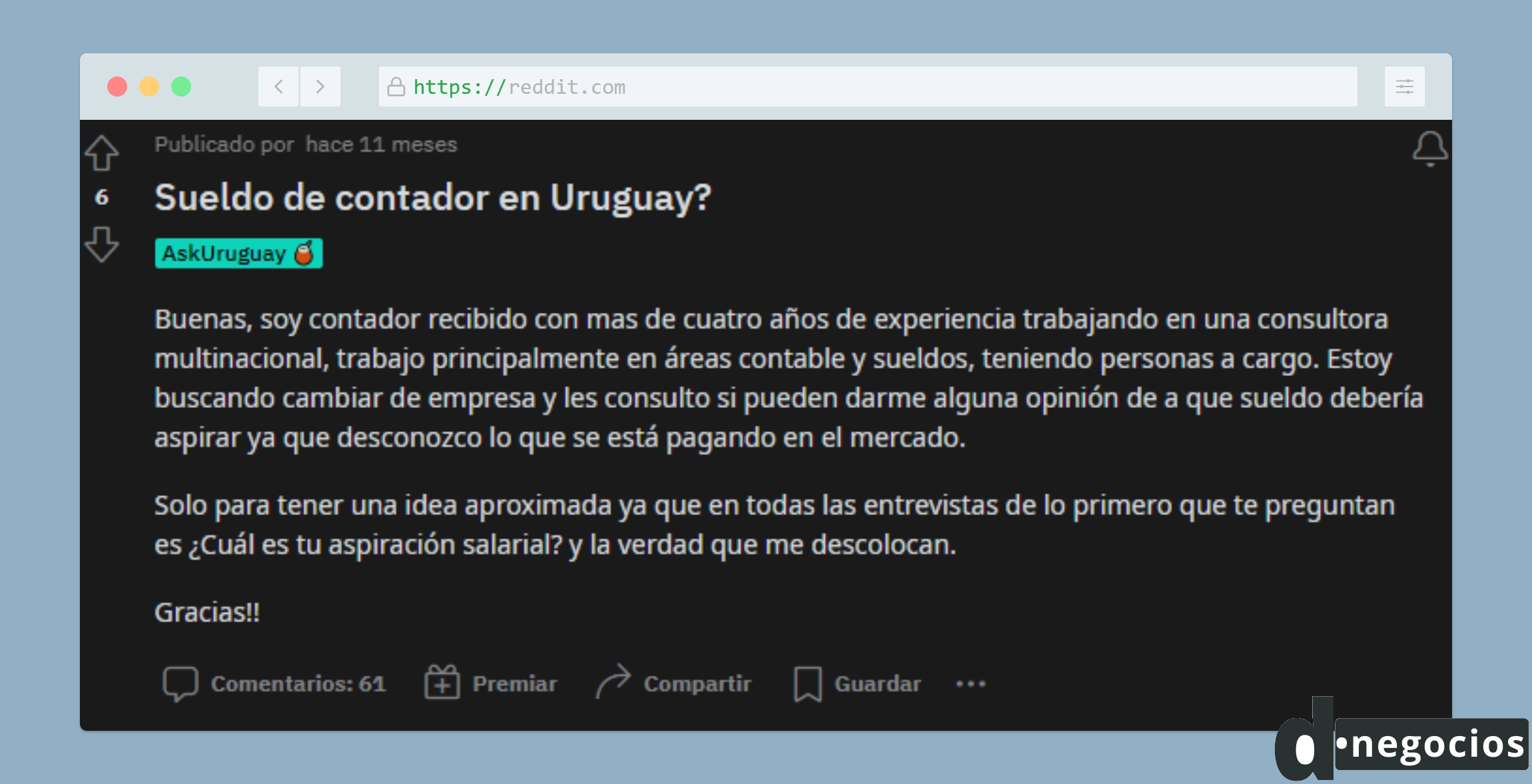 Pregunta en Reddit sobre cual es el sueldo de contador en Uruguay.