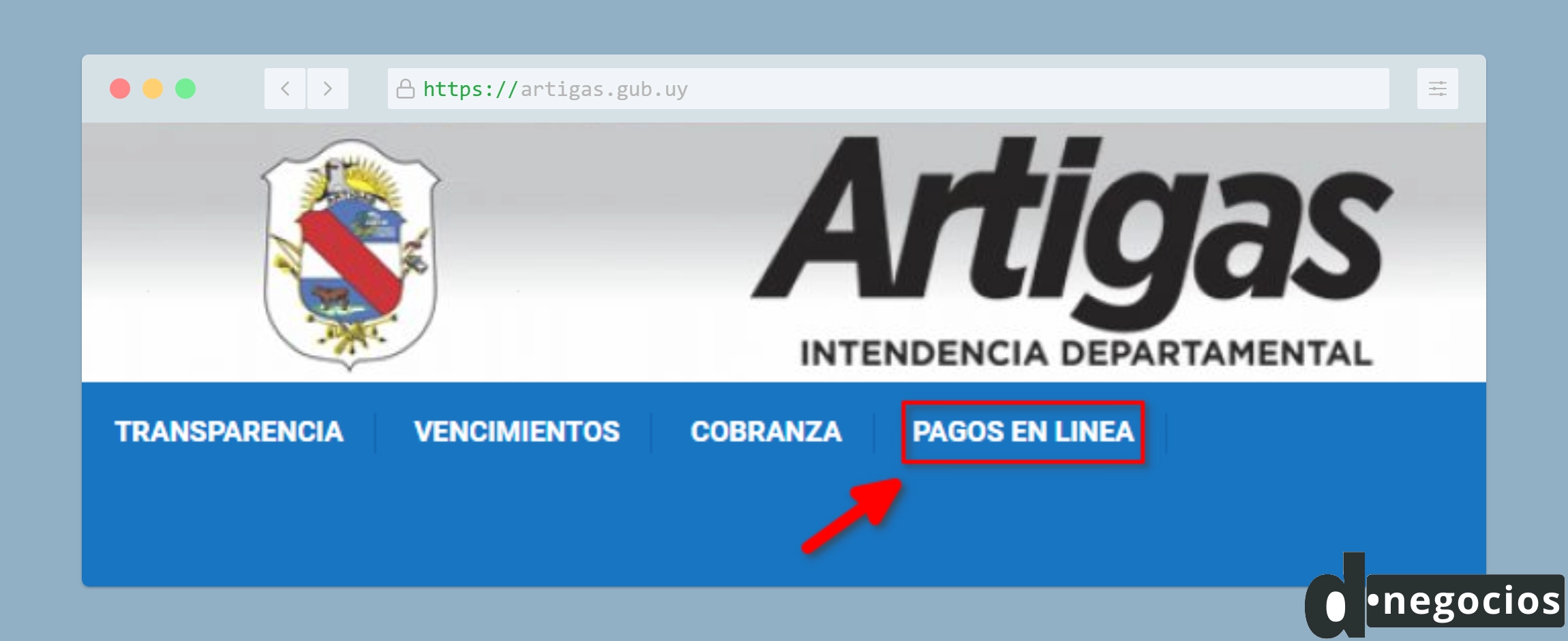Sección "Pago en Línea" del sitio web de la Intendencia de Artigas.