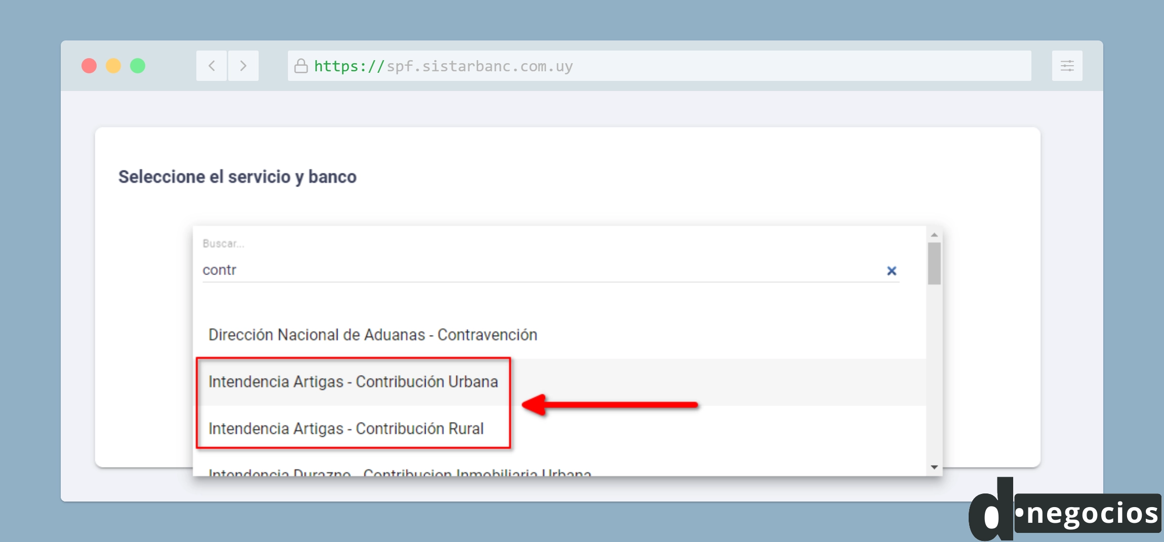 Seleccionar tipo de contribución inmobiliaria de Artigas.