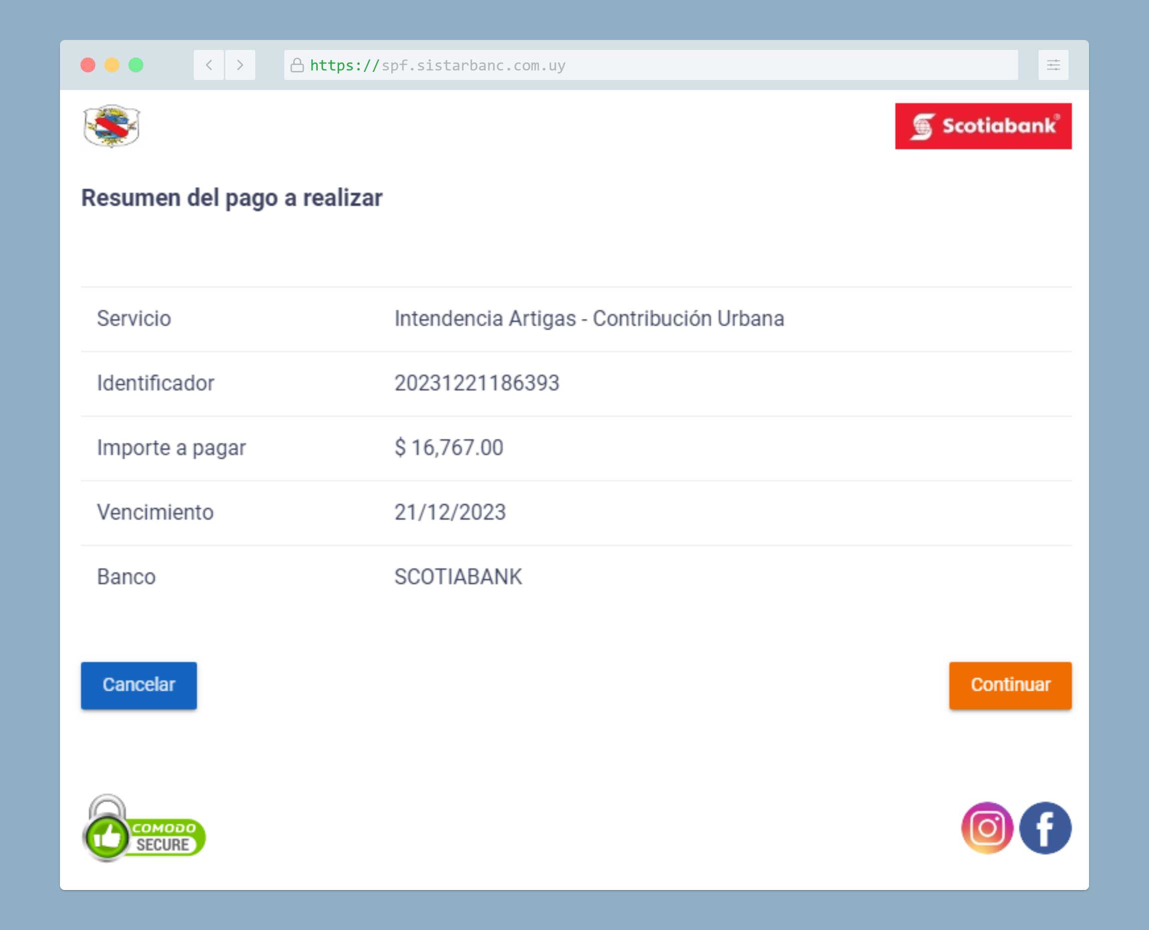 Resumen del pago de contribución inmobiliaria de Artigas.