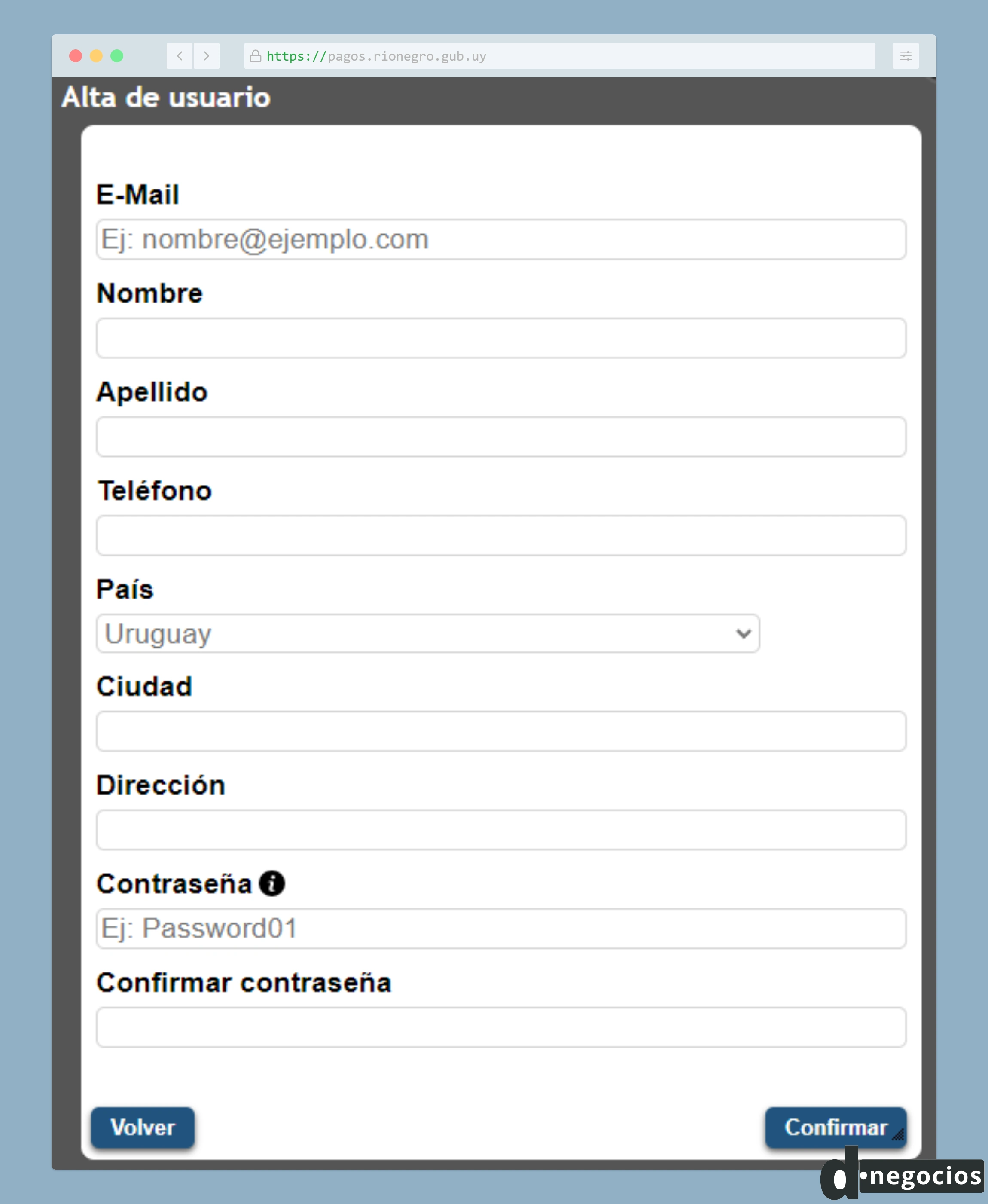 Formulario de alta de usuario en el sistema de pago en línea de Río Negro.