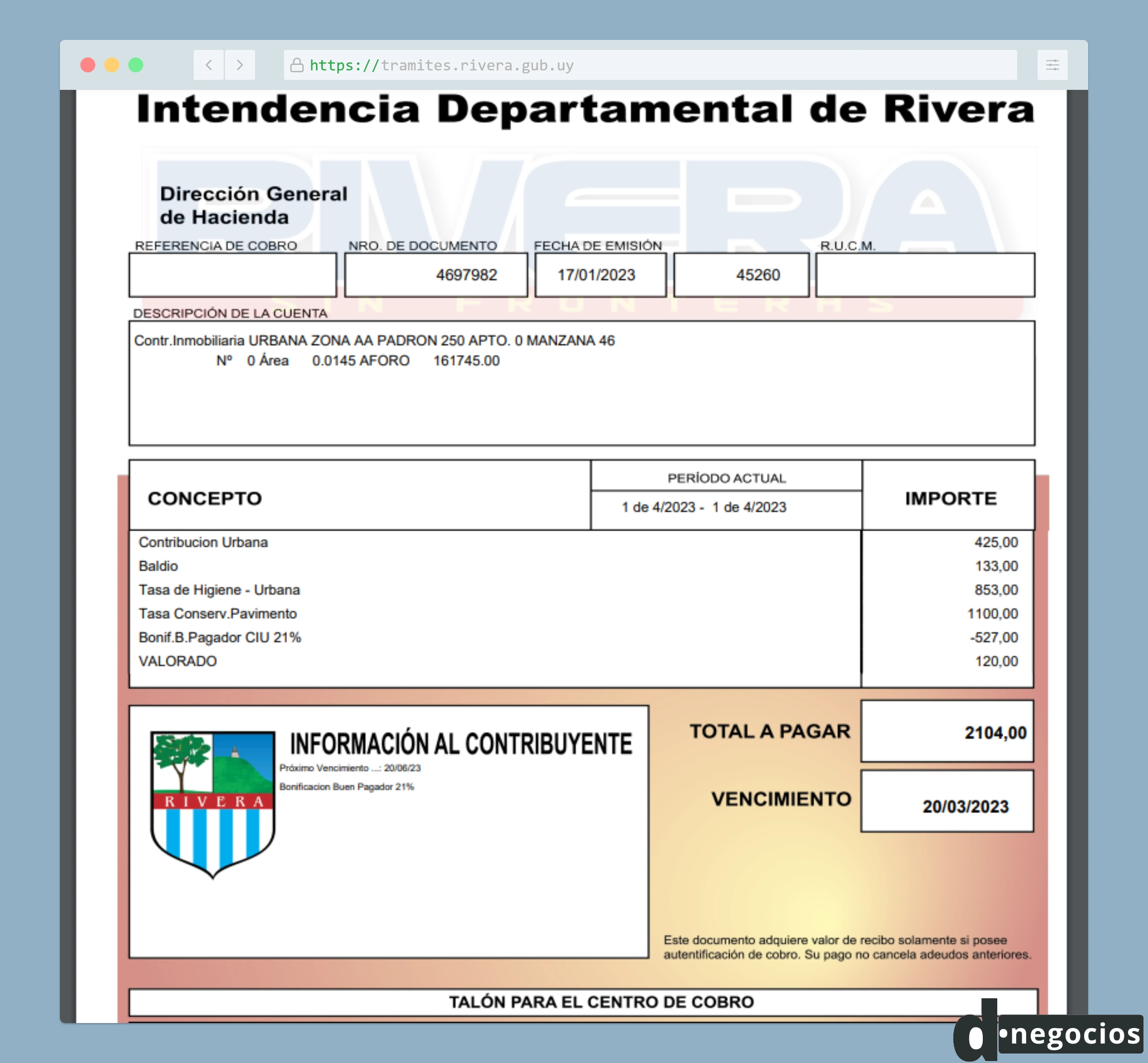 Documento prefactura de la contribución inmobiliaria de Rivera.