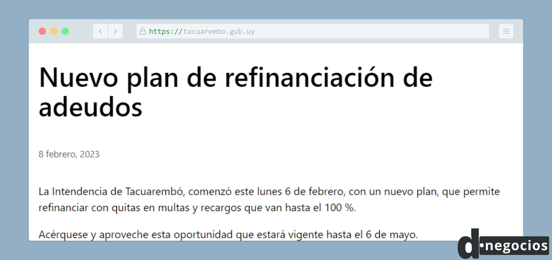 Comunicado del Plan de refinanciación de adeudos de Tacuarembó.