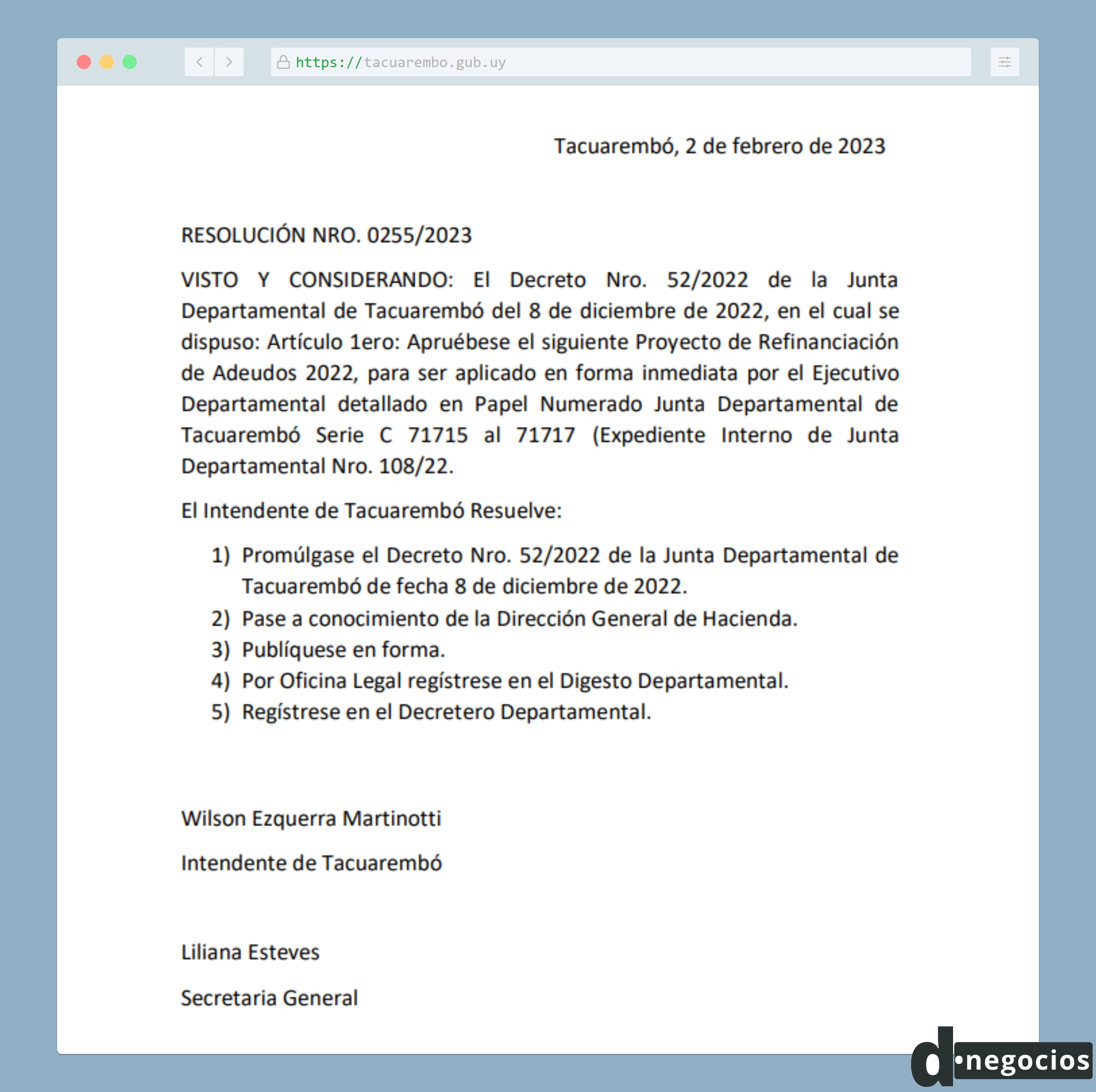 Resolución 052-2022 del plan de refinanciación de deudas de Tacuarembó.