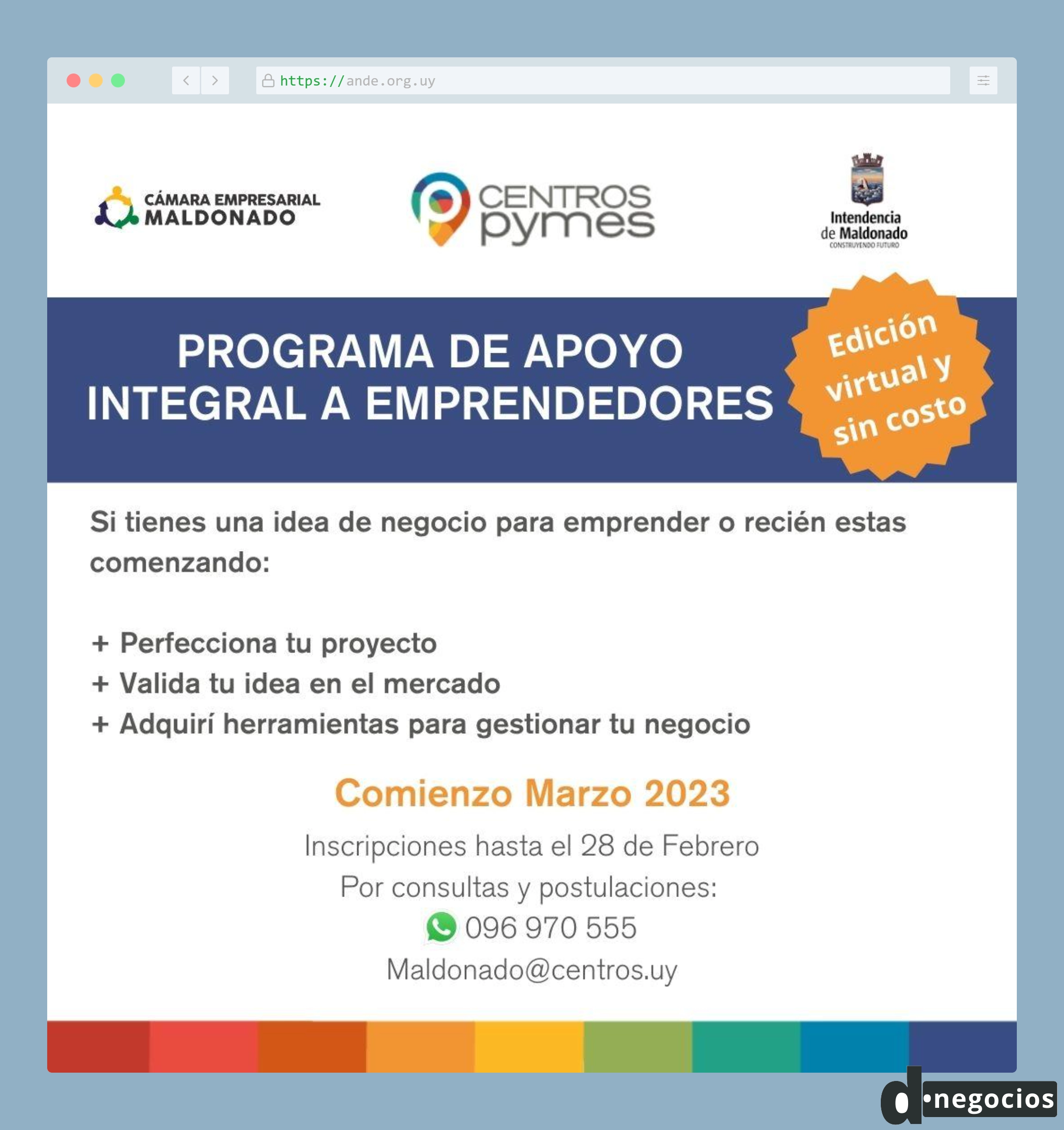 Afiche del Programa de Apoyo Integral a Emprendedores en Maldonado.