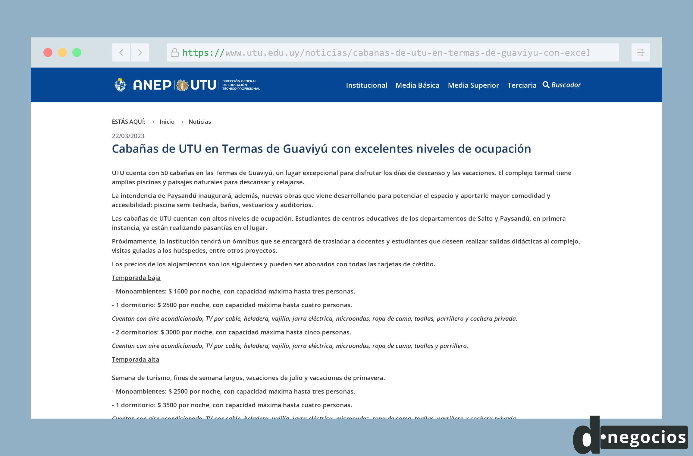 Comunicado oficial de UTU sobre las cabañas de las Termas de Guaviyú.