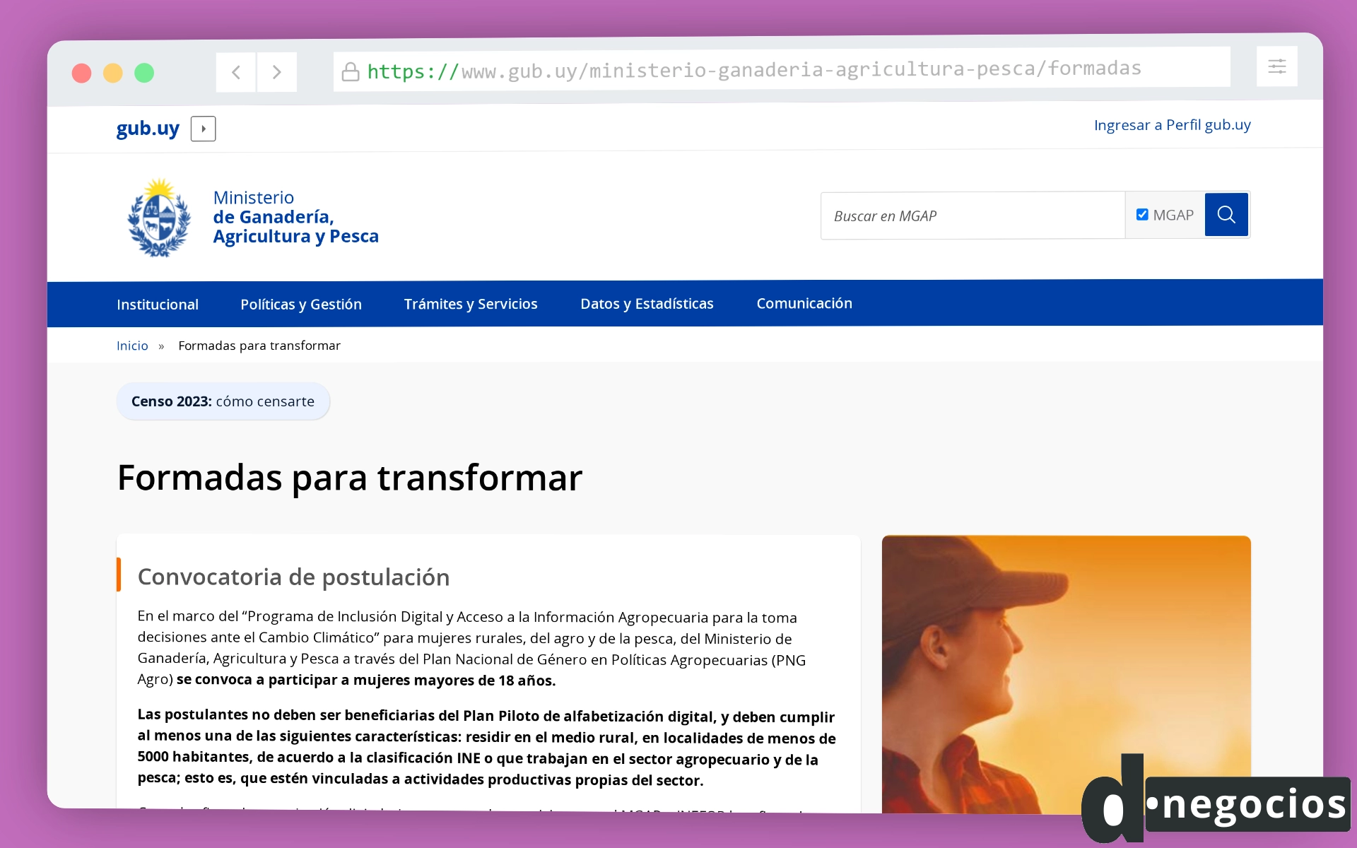 Sitio web del programa «Formadas para transformar» del MGAP.
