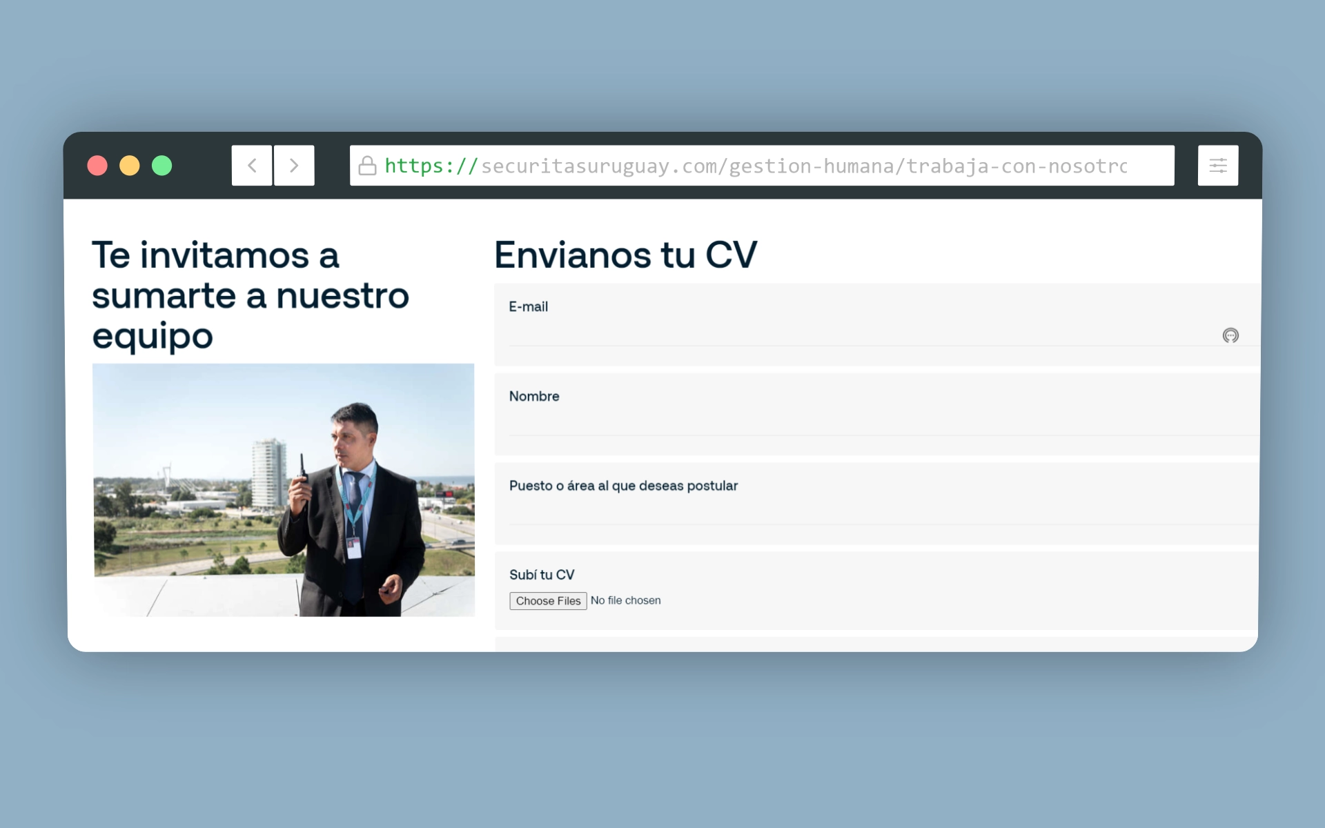 Sitio web para subir el CV a Securitas Uruguay.