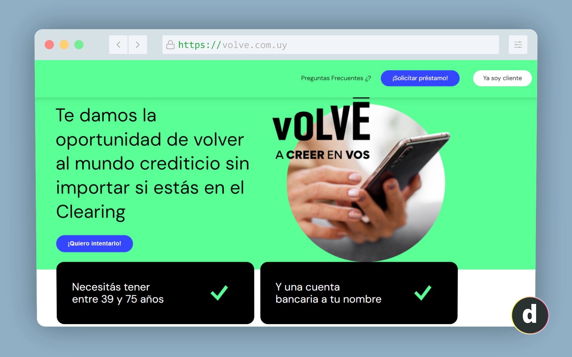 Sitio web de Volvé y sus préstamos con Clearing.