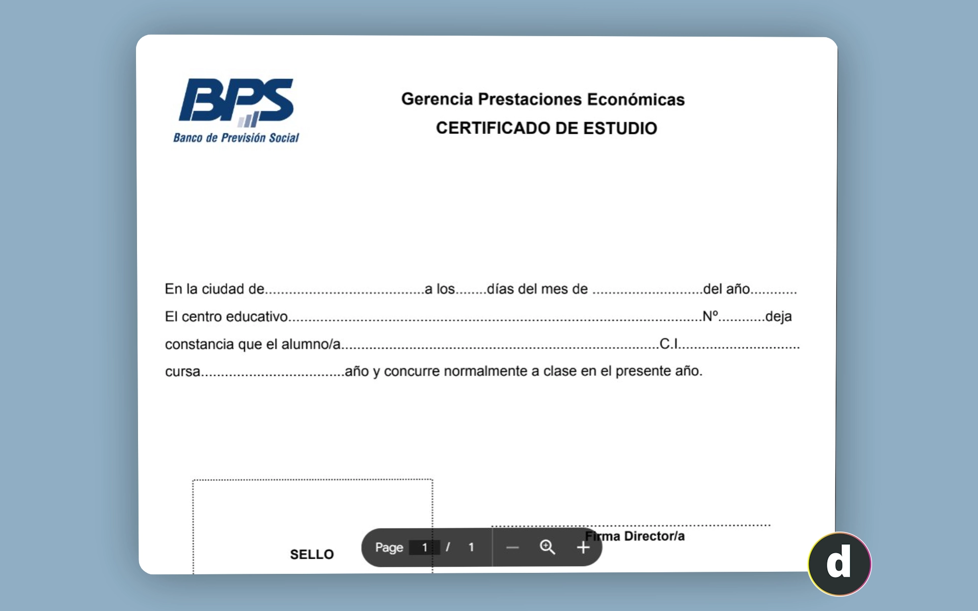 Documento Certificado de Estudios del BPS.