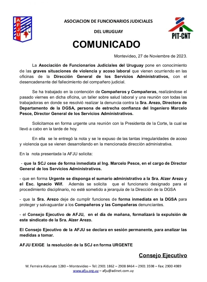 Comunicado del Consejo Ejecutivo de la Asociación de Funcionarios Judiciales del Uruguay (AFJU).