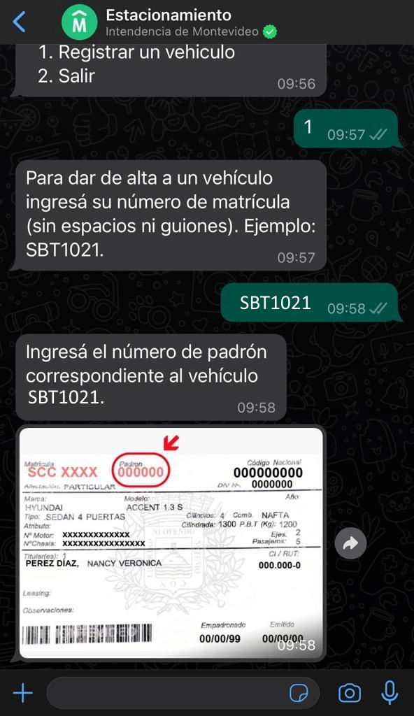 Ingreso de matrícula para poder pagar el estacionamiento tarifado de Montevideo usando WhatsApp.