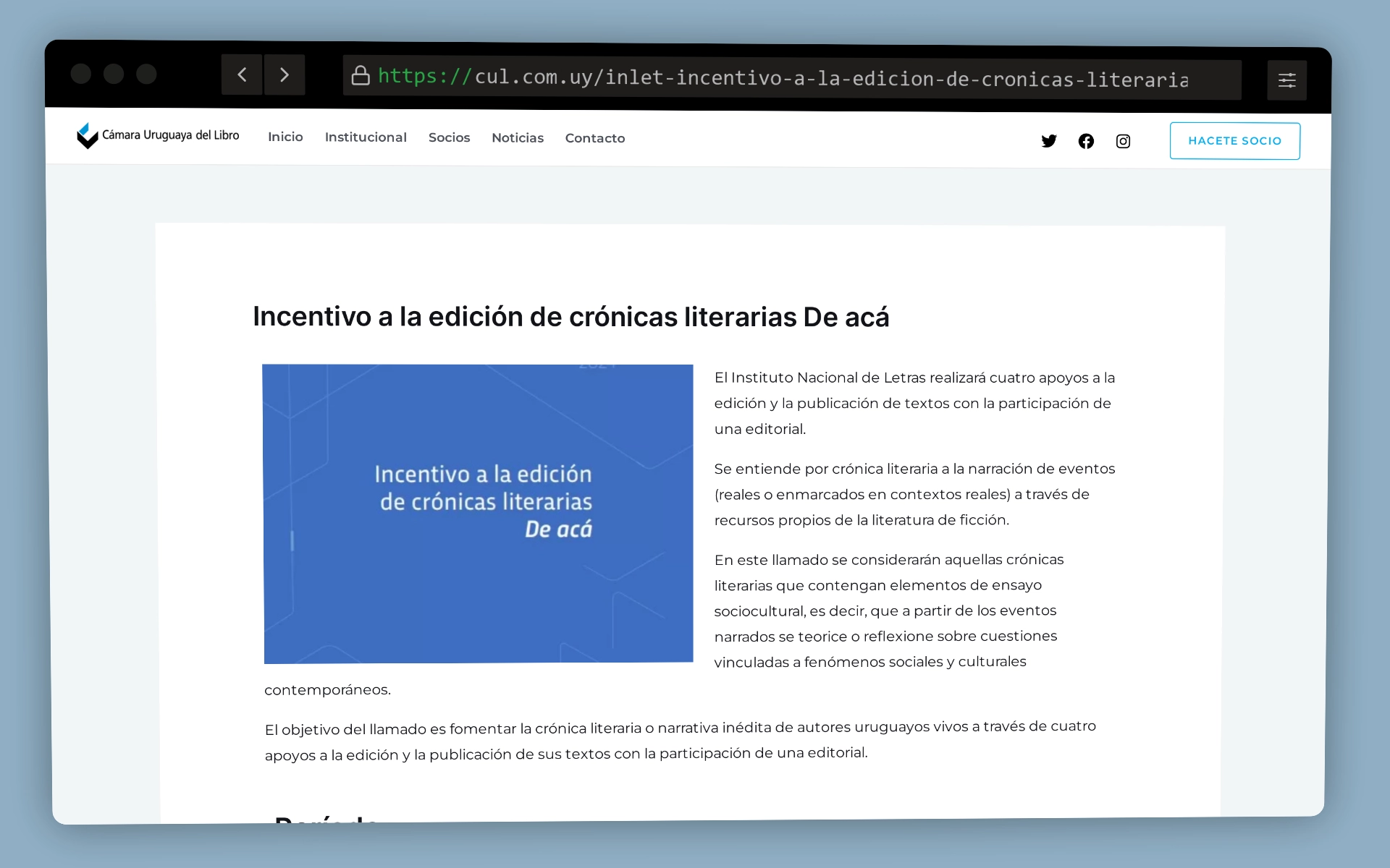 Sitio web de la Cámara Uruguaya del Libro, anunciando el incentivo a la edición de crónicas literarias.