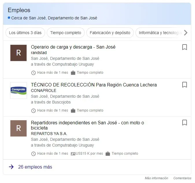 Lista de empleos en San José con Google Jobs