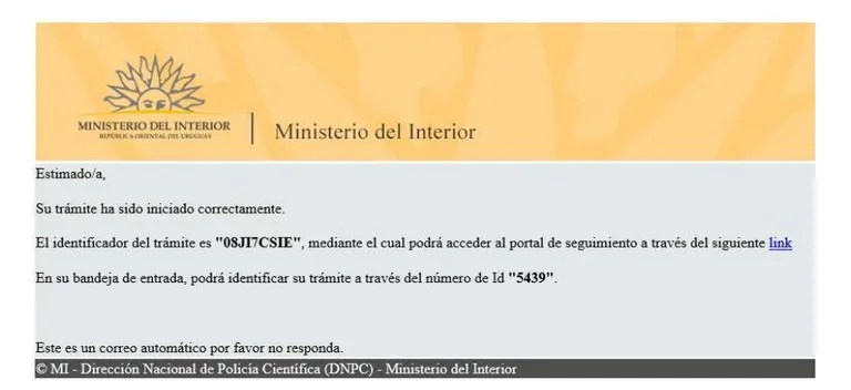 Mensaje de Ministerio de interior confirmando el certificado de buena conducta