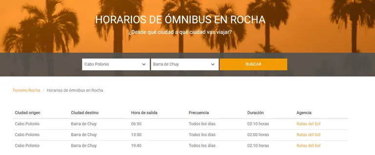 Página de turismo de la Intendencia de Rocha con los horarios de los ómnibus