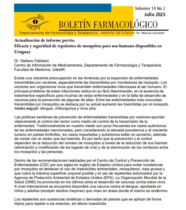 Informe sobre la eficacia y seguridad de repelentes de mosquitos para uso humano disponibles en Uruguay.